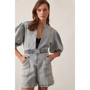 MAGALI PASCAL | Belted Puff Sleeve Denim Romper | XL